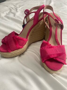 Mango Hot Pink Espadrille Fringe Wedge Sandals